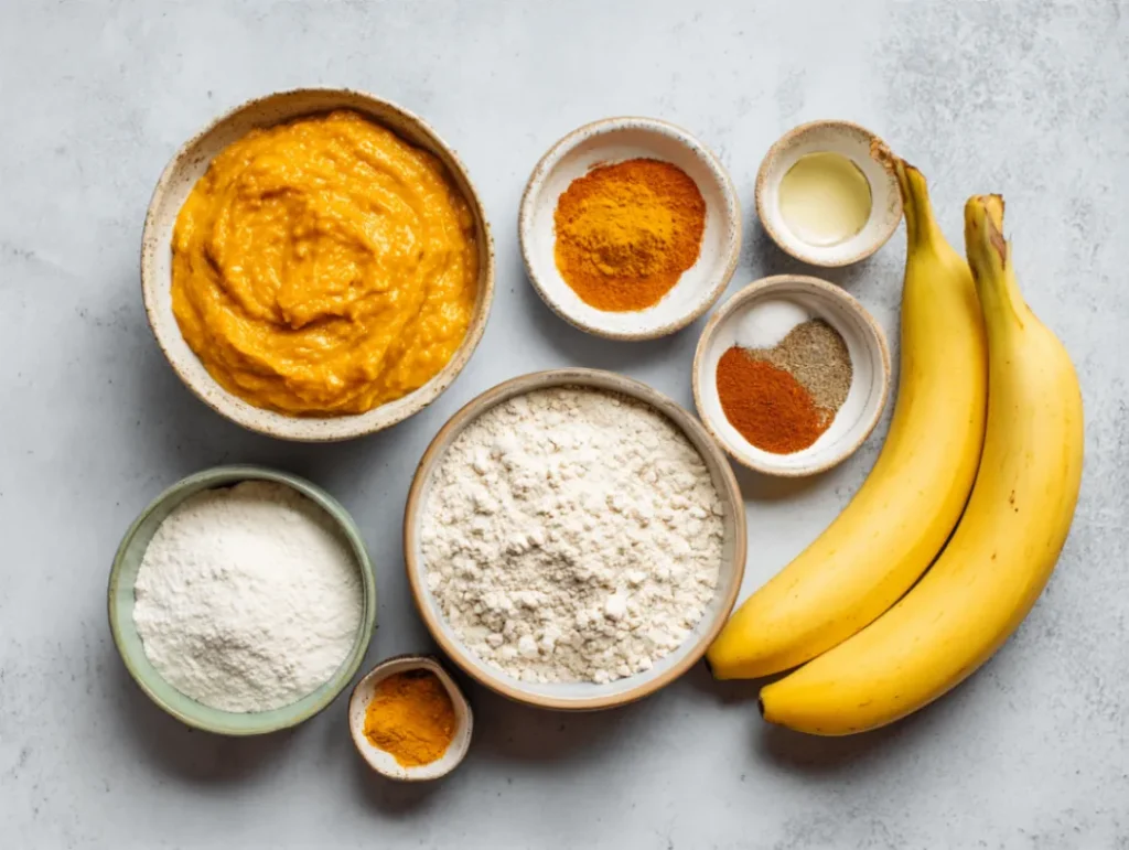 Pumpkin banana loaf your new fall favorite 2 Ingredients for pumpkin banana loaf laid out on kitchen counter