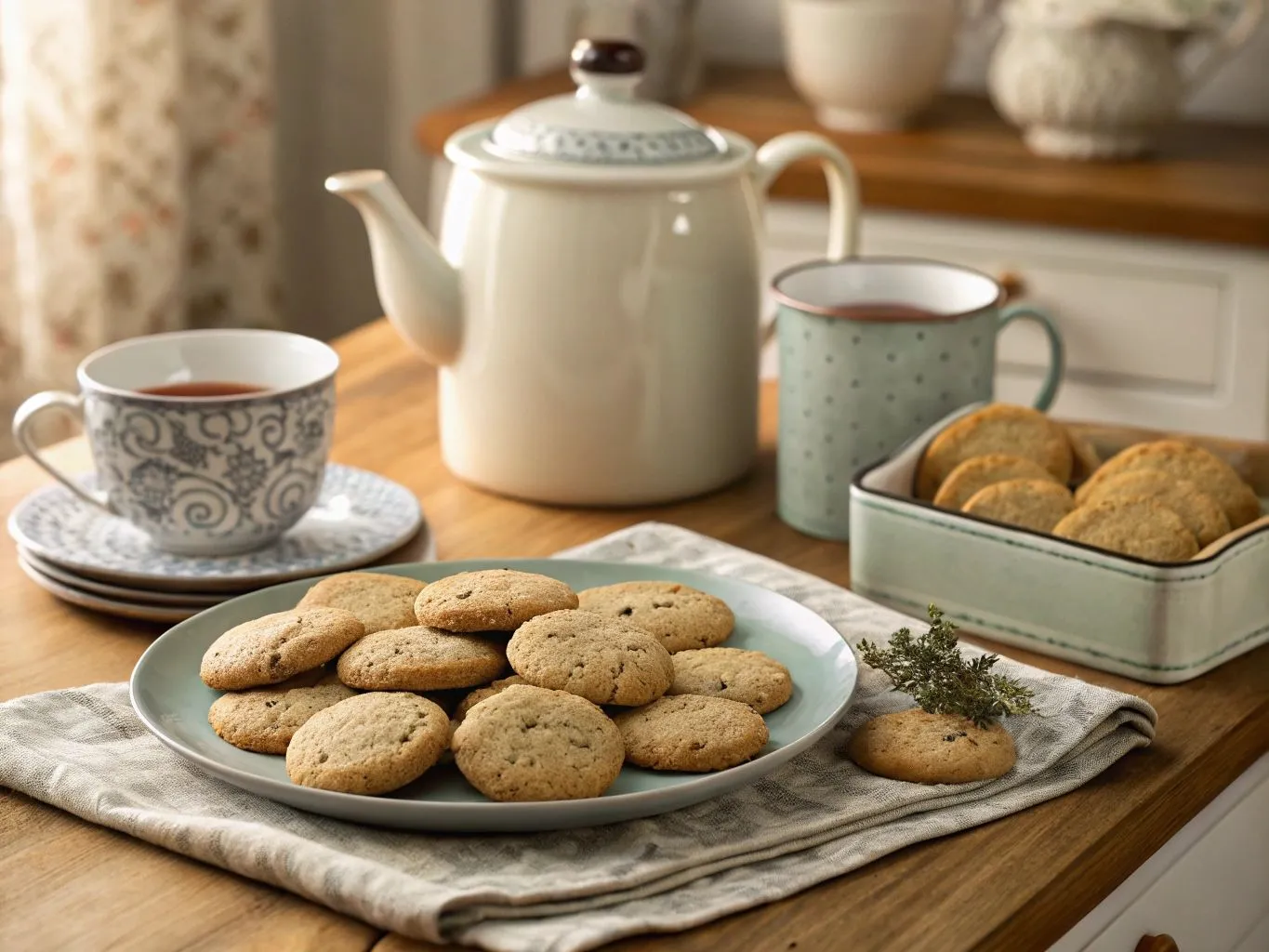Earl Grey cookies a classy twist on teatime treats 3 A plate of freshly baked Earl Grey cookies alongside a cup of tea, with a jar for storage in the background.