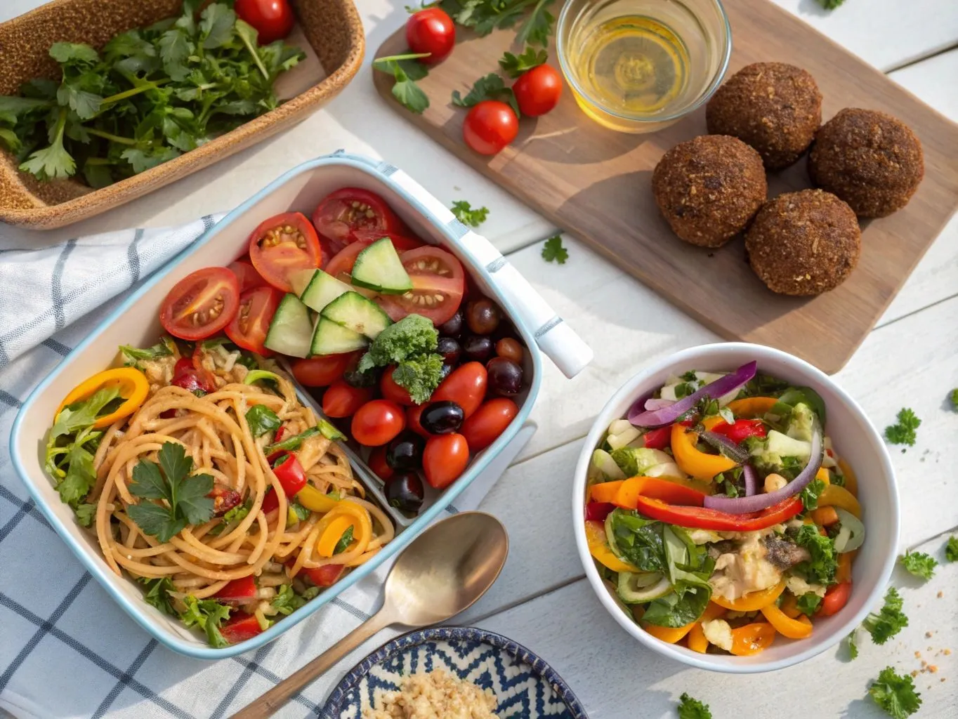 Collage of diverse lunch options including colorful grain bowls, vibrant wraps, creative salads, and portable meals arranged in an appetizing display showcasing various textures and international flavors.