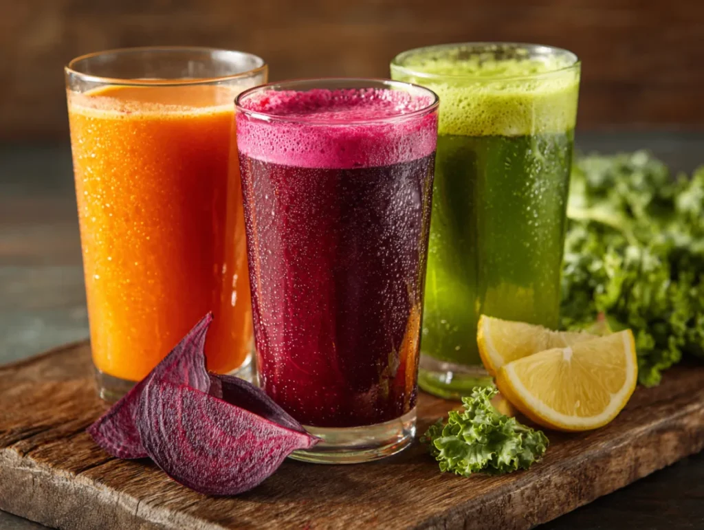 Revitalize with These 3 Simple Juice Recipes 1 Simple juice recipes - three colorful fresh juices in glasses