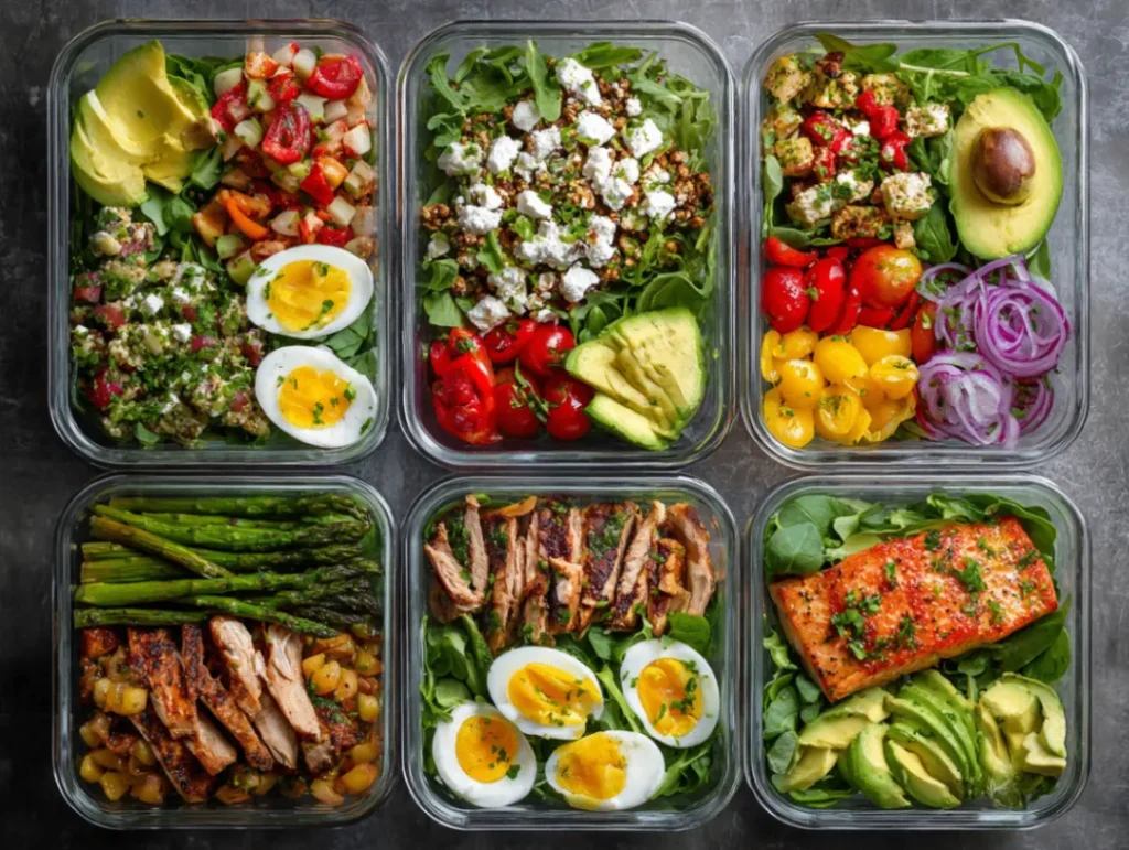 Tasty Easy Healthy Lunch Ideas That Actually Satisfy 1 Grid layout showcasing six different colorful and appetizing healthy lunch preparations including vibrant salad bowls, protein-packed wraps, grain-based dishes, and fresh vegetable combinations, each beautifully presented in modern containers with natural lighting highlighting fresh ingredients.