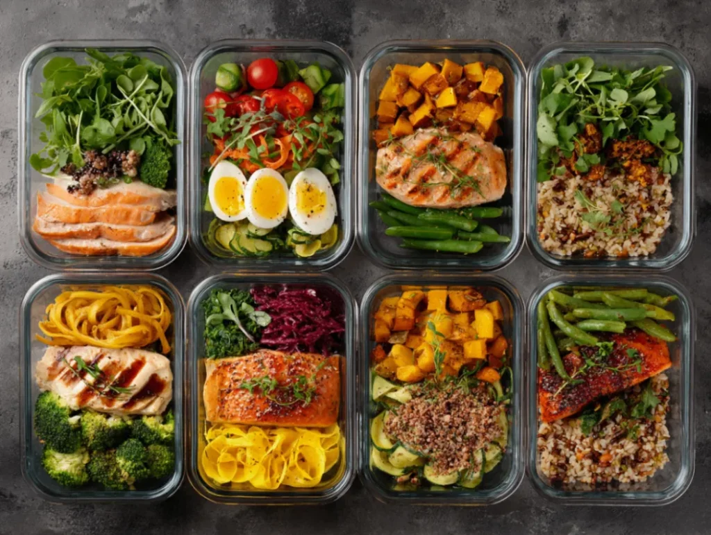 Easy Lunch Ideas: Best 7 for Weekly Rotation 1 Seven distinct lunch preparations arranged in a weekly calendar format, showing varied containers with colorful salads, wraps, grain bowls, soups, and sandwiches, each labeled with days of the week and demonstrating diverse textures, colors, and ingredients for balanced nutrition.