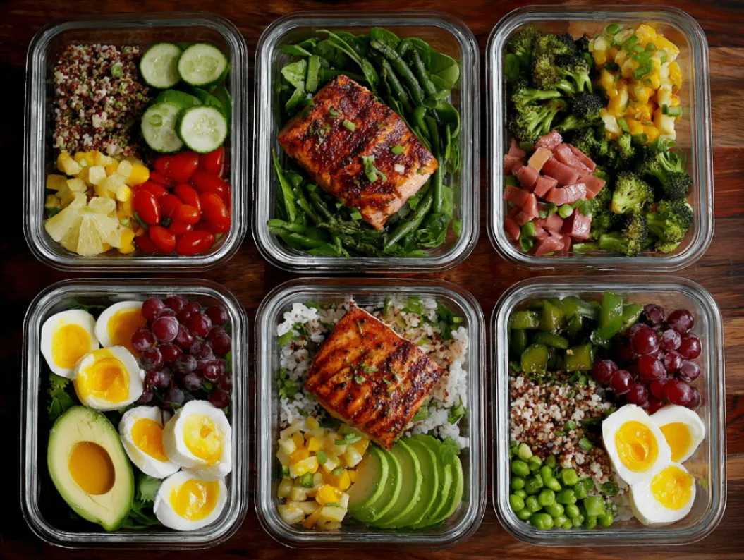 Easy lunch ideas - 7 weekly rotation meals displayed in meal prep containers