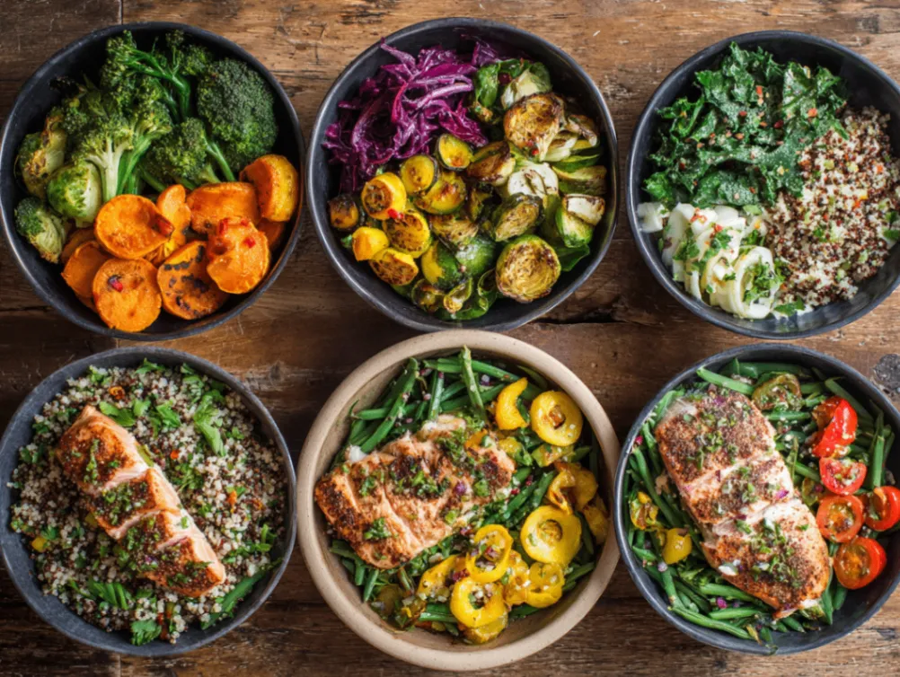 Healthy dinners displayed in colorful bowls on dining table