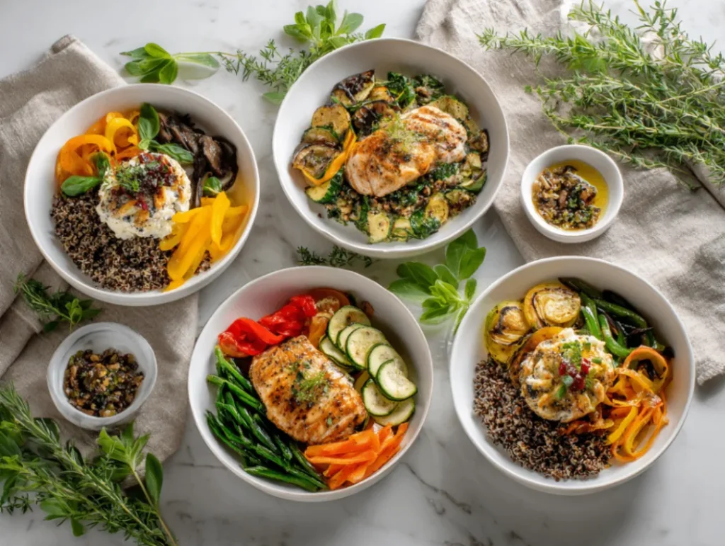 Healthy Dinners: 7 Easy Recipes Under 30 Minutes 3 Finished healthy dinners served in bowls ready to enjoy