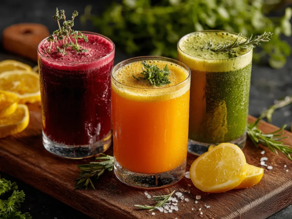 Revitalize with These 3 Simple Juice Recipes 3 Finished simple juice recipes ready to drink and enjoy