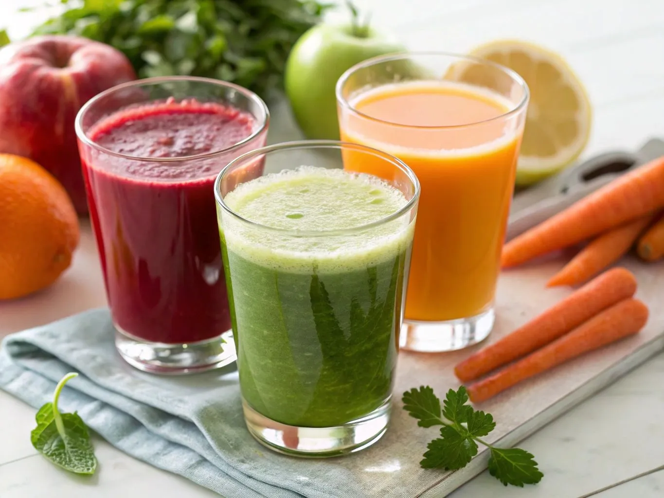 Quick and Easy Juice Recipes for Busy Mornings 4 Bright green and deep red detox juices in clear glasses, surrounded by fresh ingredients like lemon, cucumber, ginger, and kale.