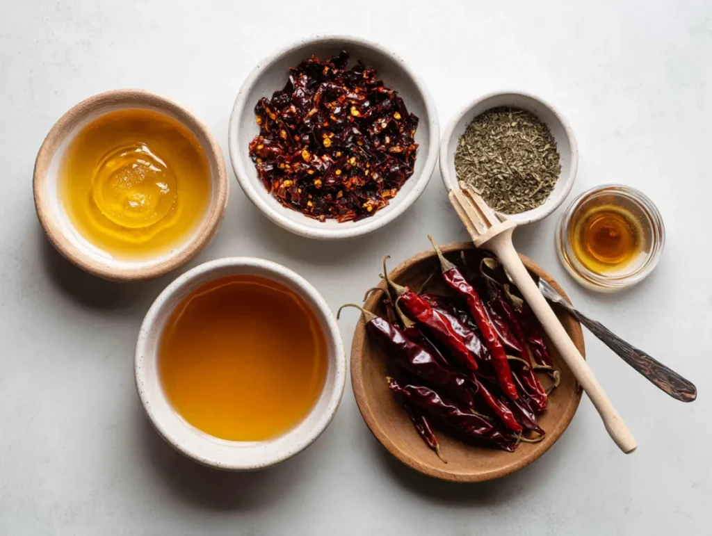 Hot Honey: 5 Amazing Ways to Use This Sweet Heat 2 Ingredients for hot honey laid out on kitchen counter with honey and chilies