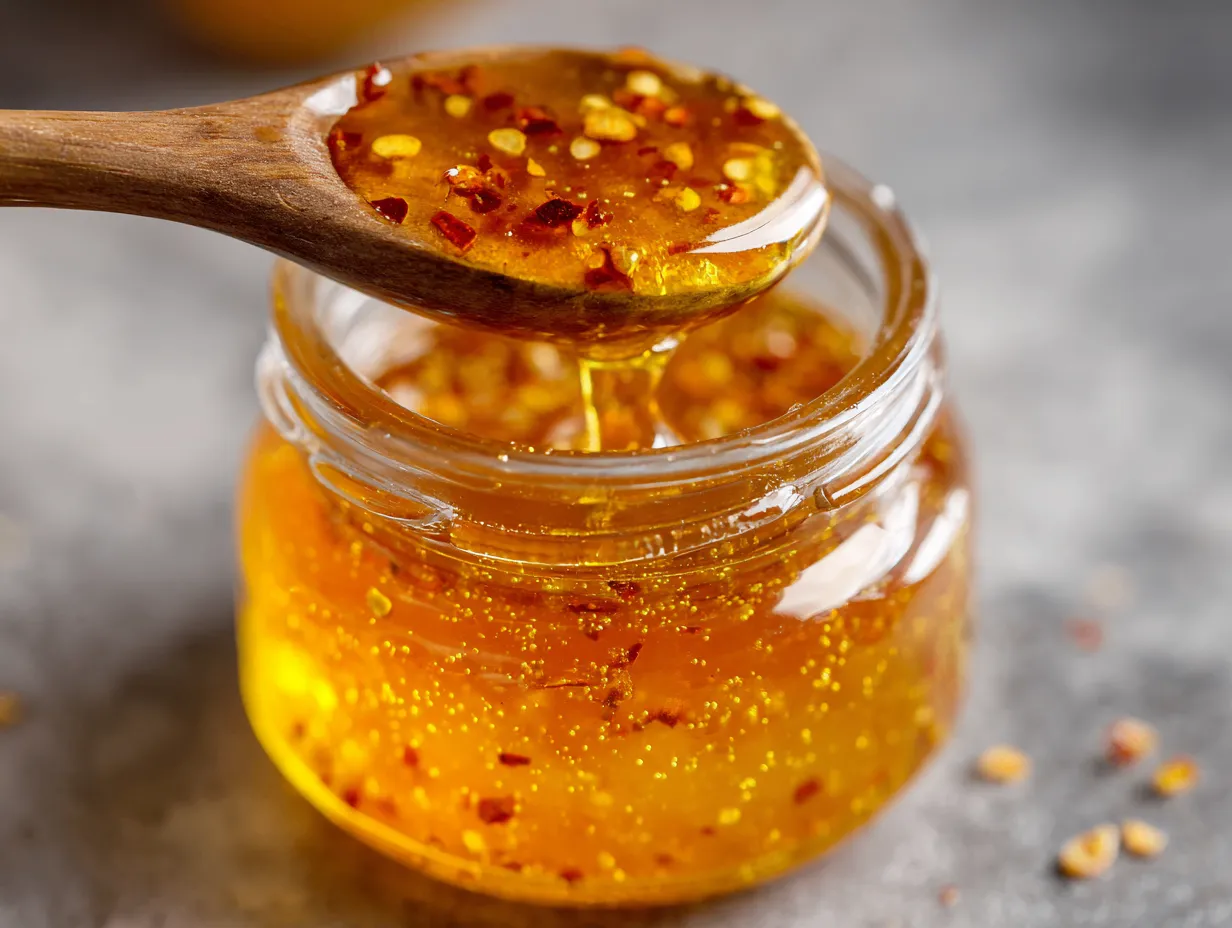 Hot honey - homemade spicy sweet condiment in glass jar with chili flakes