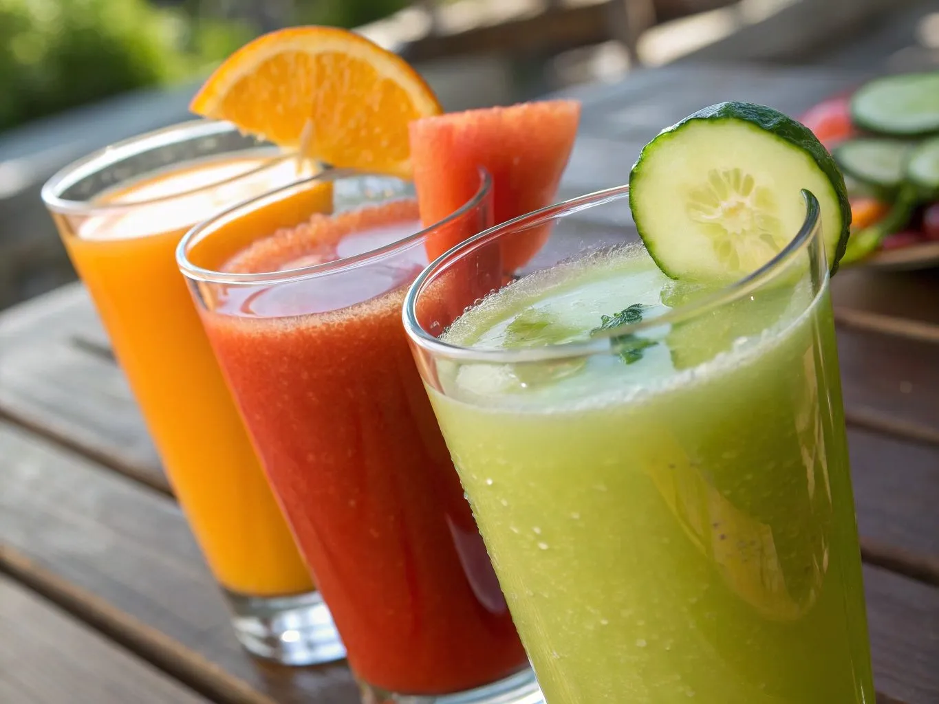 Quick and Easy Juice Recipes for Busy Mornings 6 A variety of light and colorful juices in glass jars, featuring ingredients like watermelon, cucumber, mint, and citrus fruits.