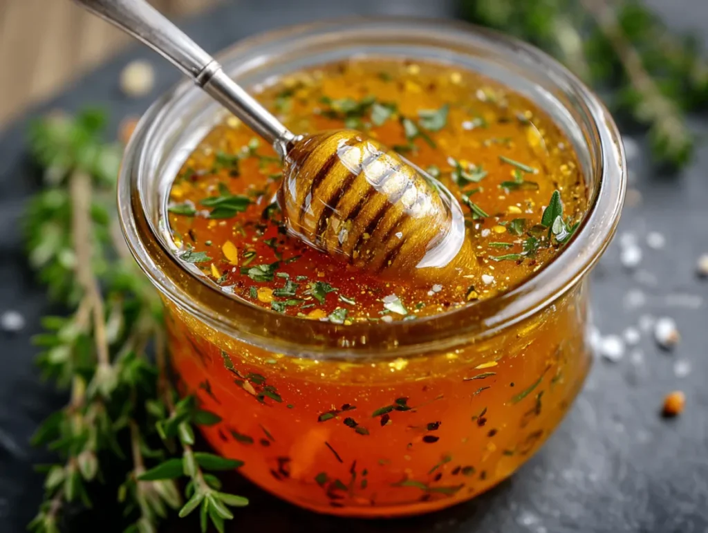 Hot Honey Recipe: Amazing 4-Ingredient Wonder 1 Mason jar of golden honey infused with red chili flakes, showing the amber liquid with suspended pepper pieces, honey dipper dripping the glossy mixture, fresh red chilies and dried spices scattered around a wooden cutting board.