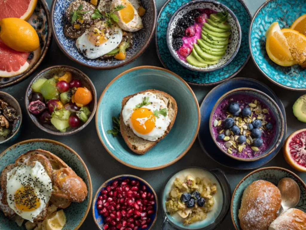 Nutritious Breakfast Ideas: 10 Easy Protein-Packed 1 Grid layout showing ten different healthy breakfast options including overnight oats, smoothie bowls, avocado toast, yogurt parfait, egg preparations, and fruit combinations, each beautifully plated and showing vibrant colors and fresh ingredients.