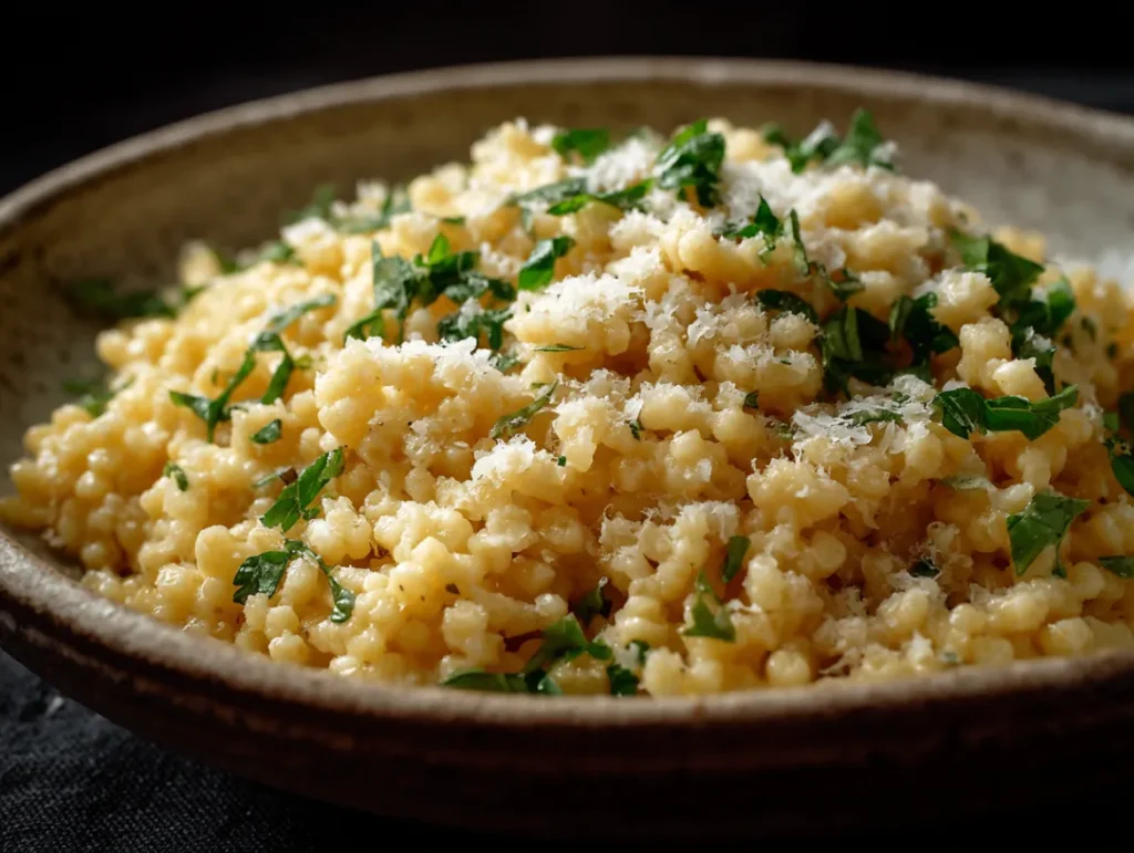 Perfect Pastina: 3 Secrets for Amazing Results 1 Bowl of creamy, pale golden pastina with tiny star-shaped pasta visible in a rich, velvety sauce, garnished with freshly grated Parmigiano-Reggiano cheese and a light sprinkle of black pepper, steam gently rising from the warm comfort food.