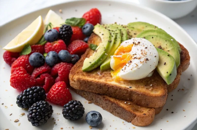 A balanced breakfast plate with whole grains, fresh fruits, and protein for a healthy start to the day.