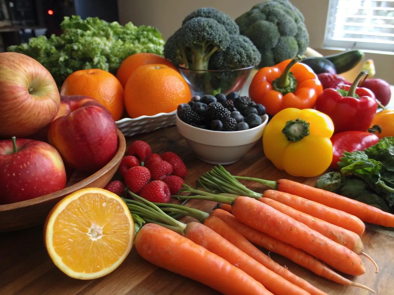Quick and Easy Juice Recipes for Busy Mornings 2 A colorful assortment of fresh fruits and vegetables neatly arranged in a kitchen, ready for juicing or snacking.