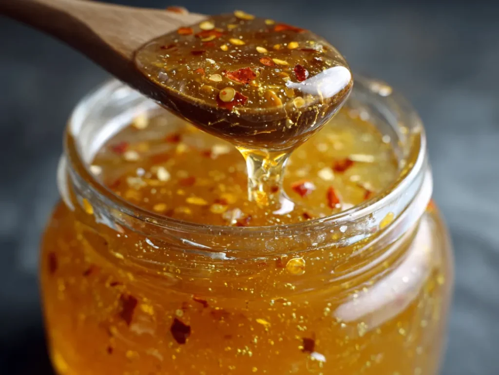 Hot Honey: 5 Amazing Ways to Use This Sweet Heat 1 Small glass jar of golden honey with red pepper flakes visible throughout, steam gently rising from the warm mixture, wooden honey dipper coated with the glistening amber liquid, surrounded by fresh chilies and a small saucepan on a rustic kitchen counter.
