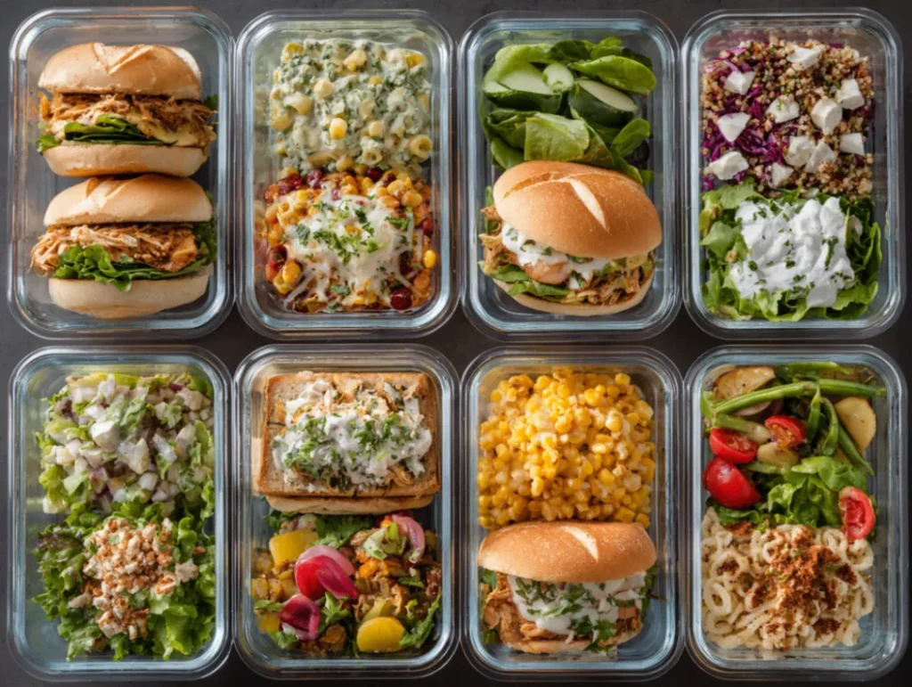 Easy work lunches arranged in meal prep containers on office desk