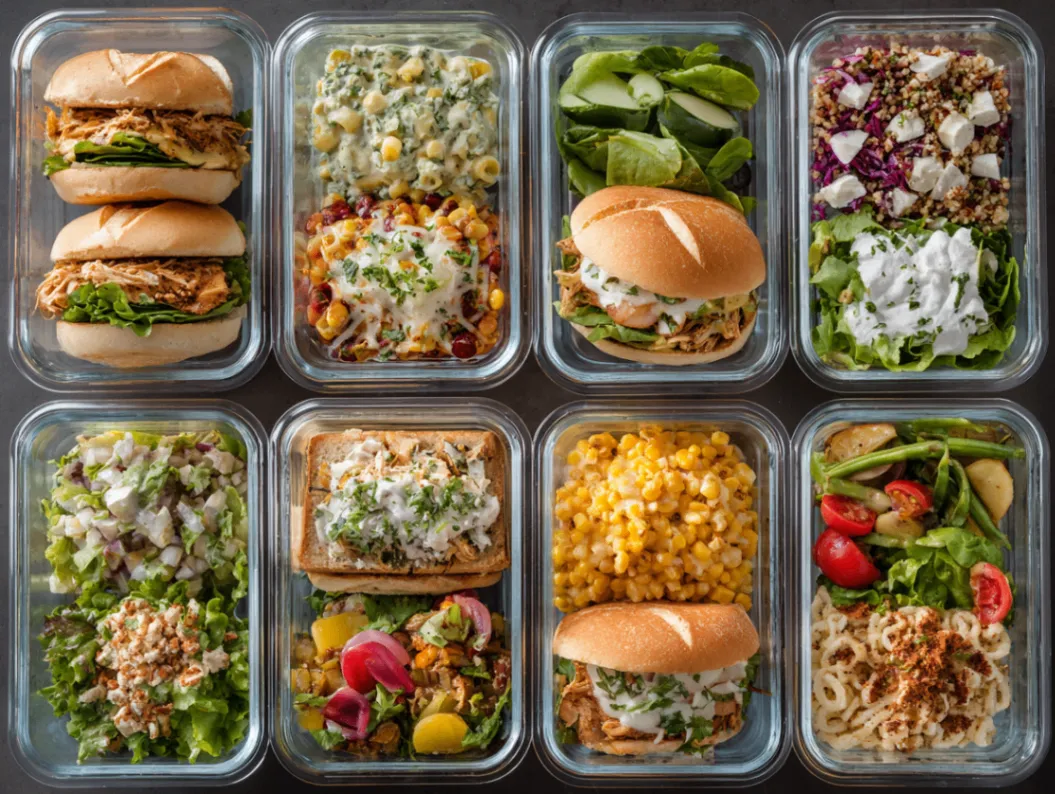 Easy work lunches arranged in meal prep containers on office desk
