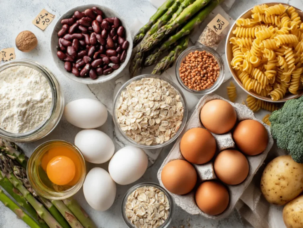 Budget ingredients for easy work lunches laid out on kitchen counter