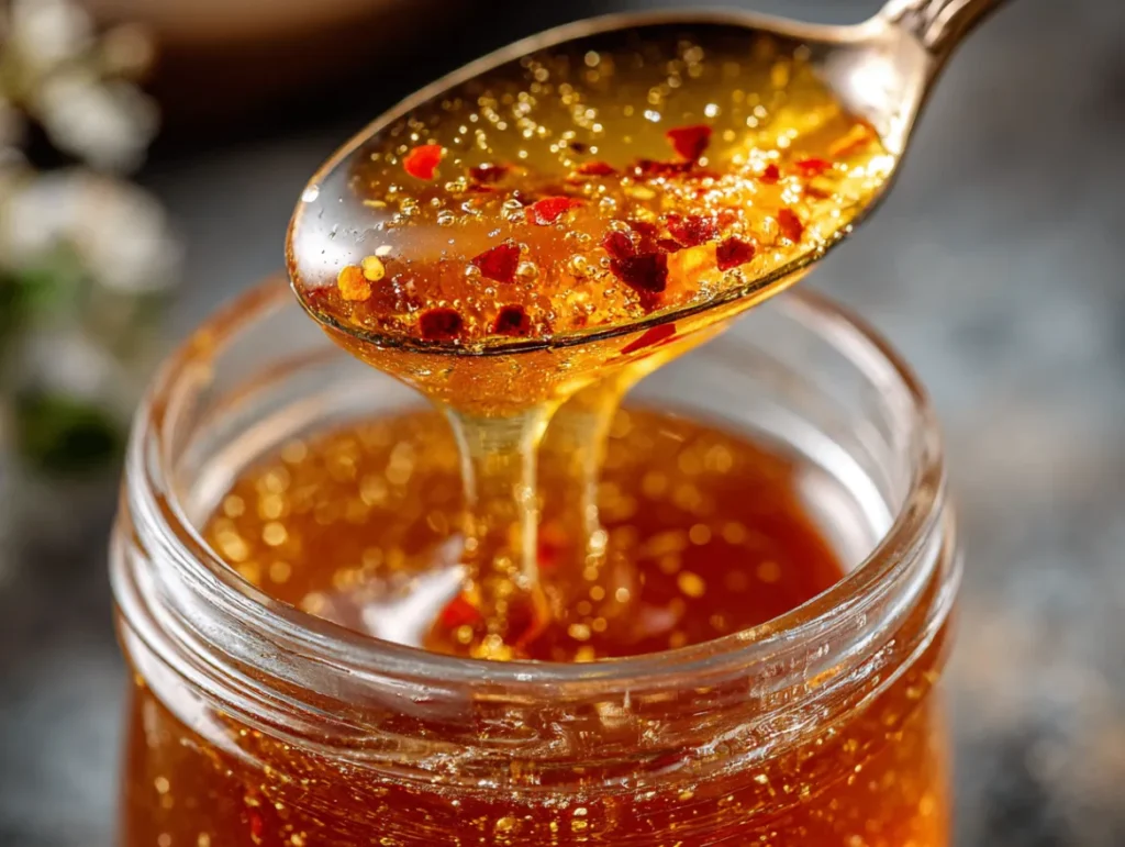 Glass jar filled with golden-amber honey with visible red chili flakes suspended throughout, catching the light with a wooden dipper resting beside it and a few whole dried chilies decoratively placed nearby.
