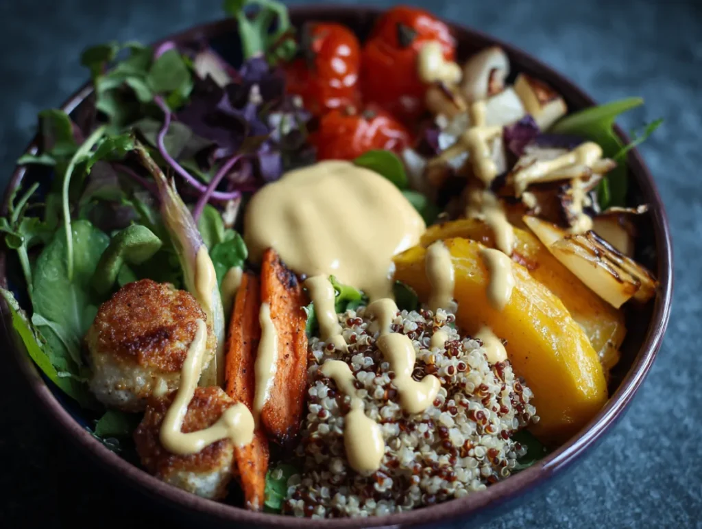 Why Yumm Sauce is Your New Kitchen Hero 3 Finished yumm sauce recipe drizzled over Buddha bowl