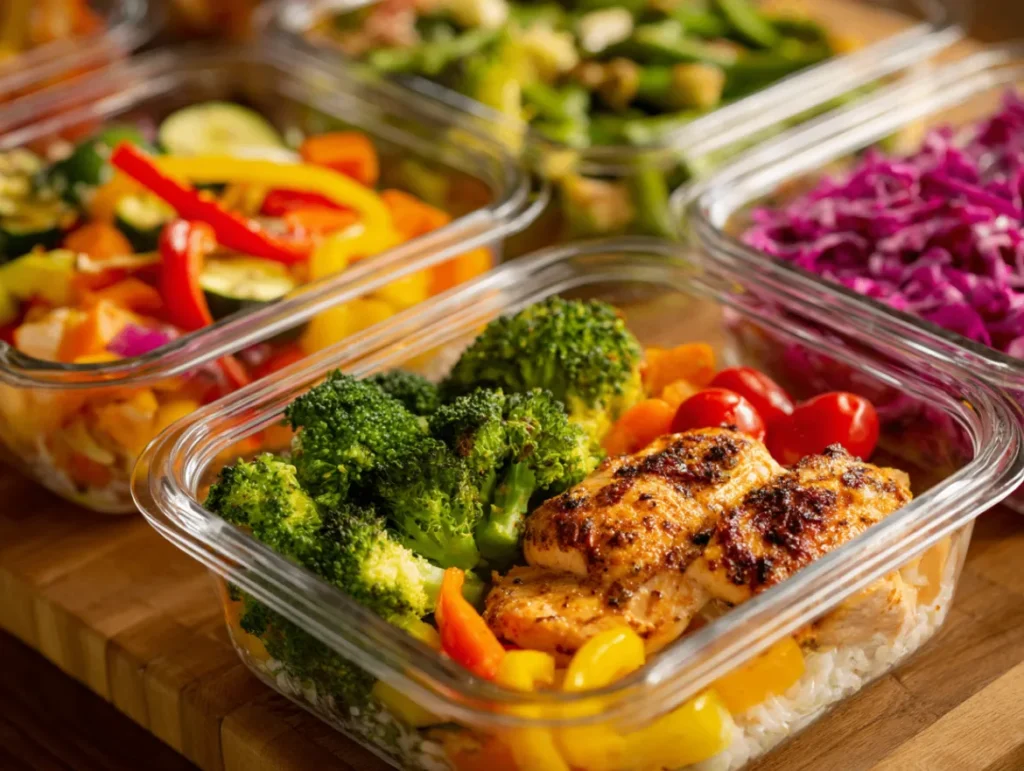 Easy Healthy Lunch Ideas for Work on the Go 1 Array of portable, work-friendly lunch containers showcasing colorful meal prep options including mason jar salads, bento-style boxes with compartmentalized healthy foods, grain bowls, and wrap containers, all photographed on a clean office desk setup with natural lighting.