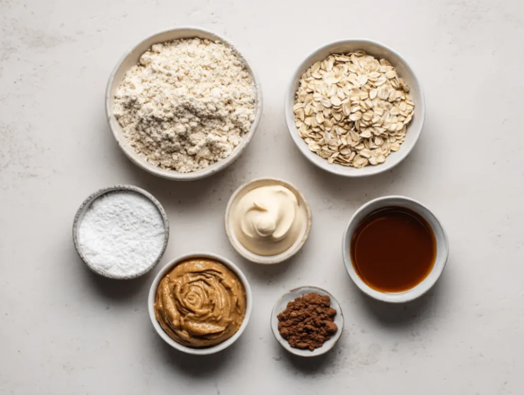 Ingredients for protein cookie recipe laid out on kitchen counter