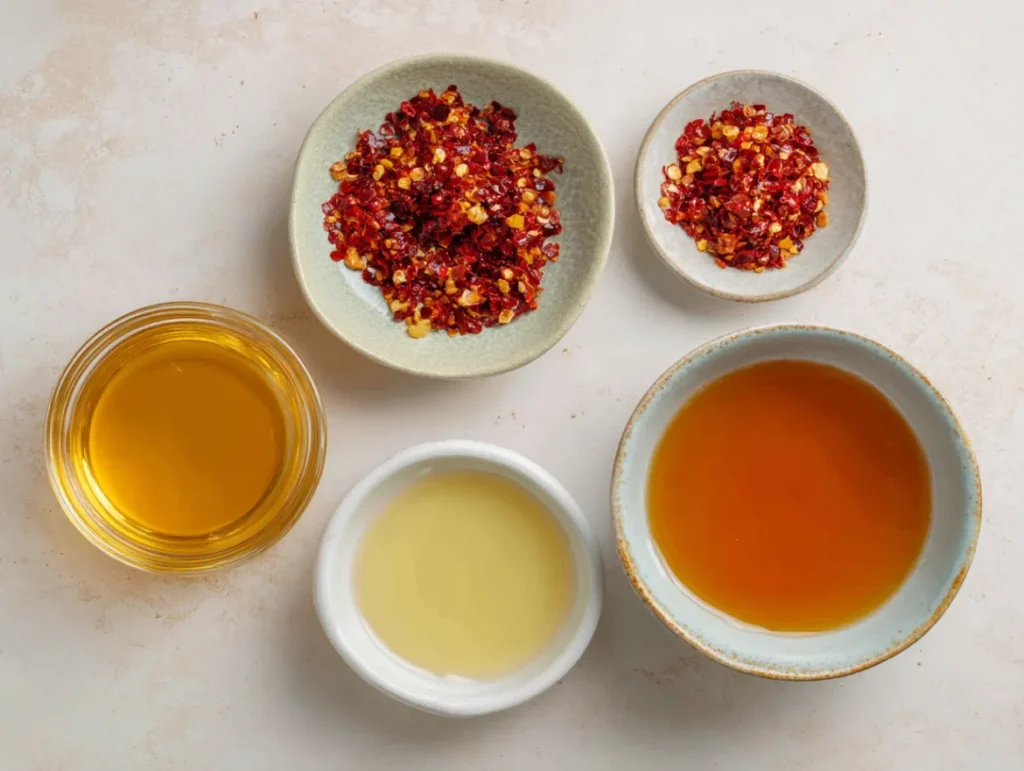 Ingredients for hot honey recipe laid out on kitchen counter