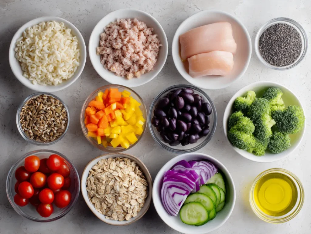2 Easy Healthy Lunch Ideas : That Are Budget-Friendly 1 Ingredients for easy healthy lunch ideas laid out on kitchen counter