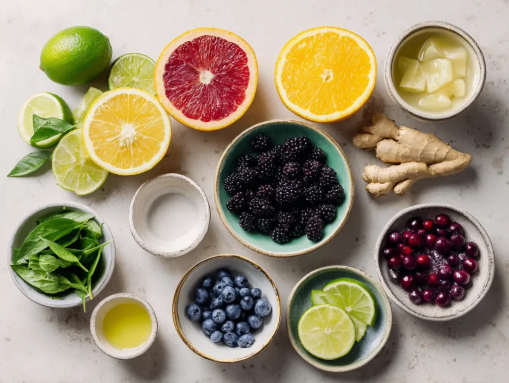 Ingredients for mood boosting juice recipes laid out on kitchen counter