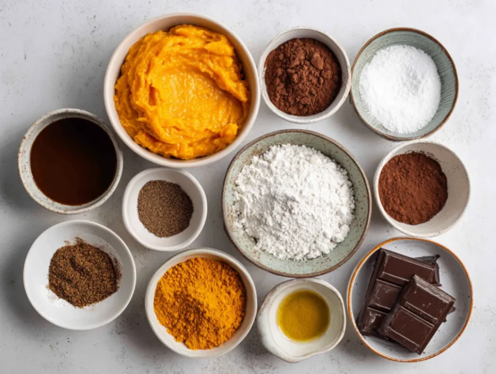 Ingredients for pumpkin chocolate brownies laid out on kitchen counter