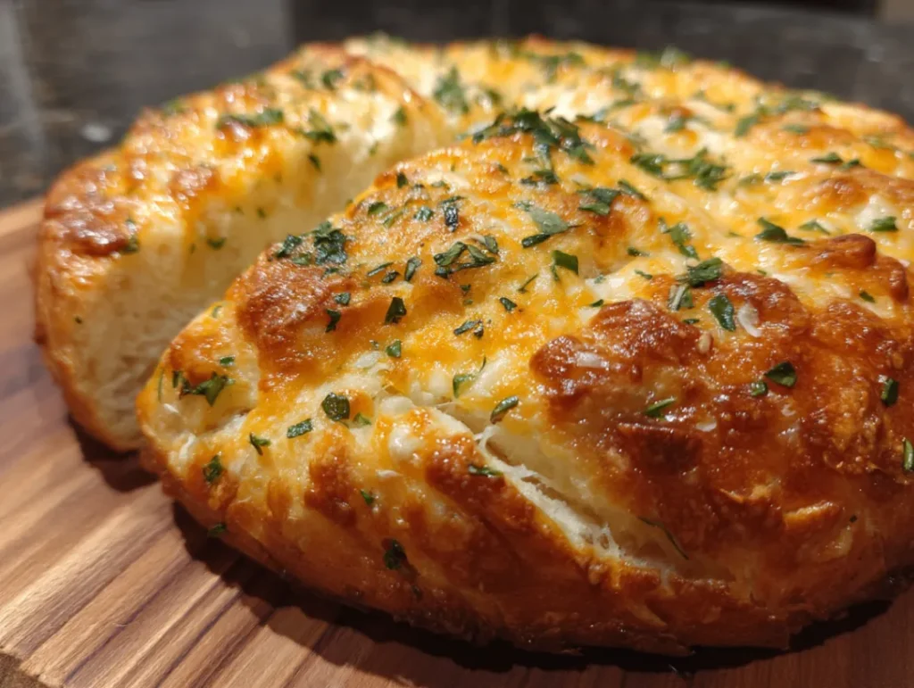 Best Cheese Bread: Amazing Homemade Recipe 1 Rustic loaf of golden-brown homemade cheese bread with visible cheese melted throughout the crumb, sliced to reveal stretchy cheese pulls and an airy, soft interior dotted with pockets of molten cheese.