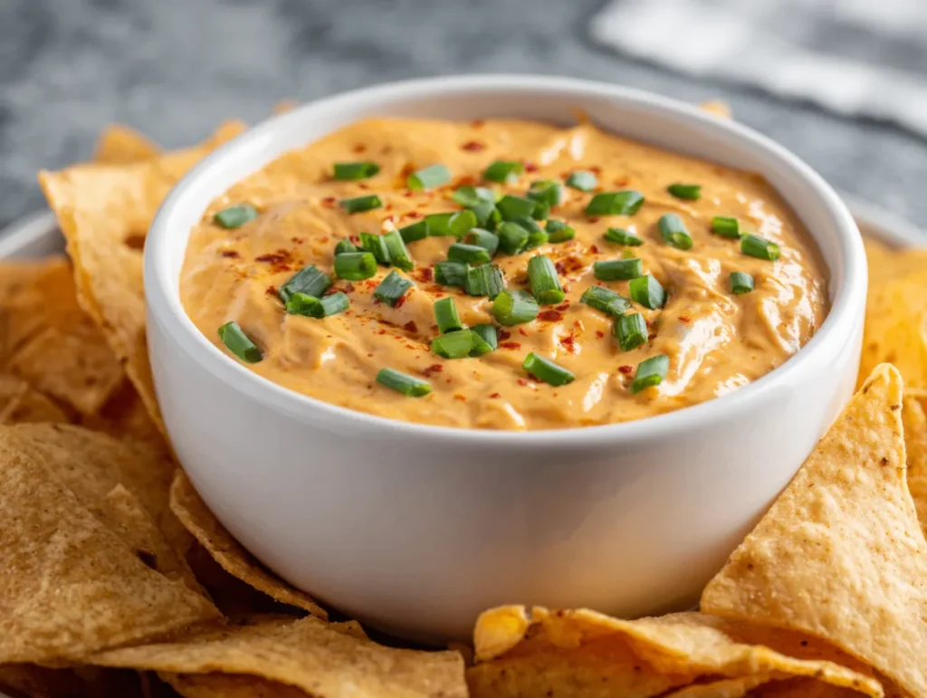 Quick and Tasty Chili Cheese Dip Anyone Can Make 1 Chili cheese dip in white bowl with tortilla chips around the edges