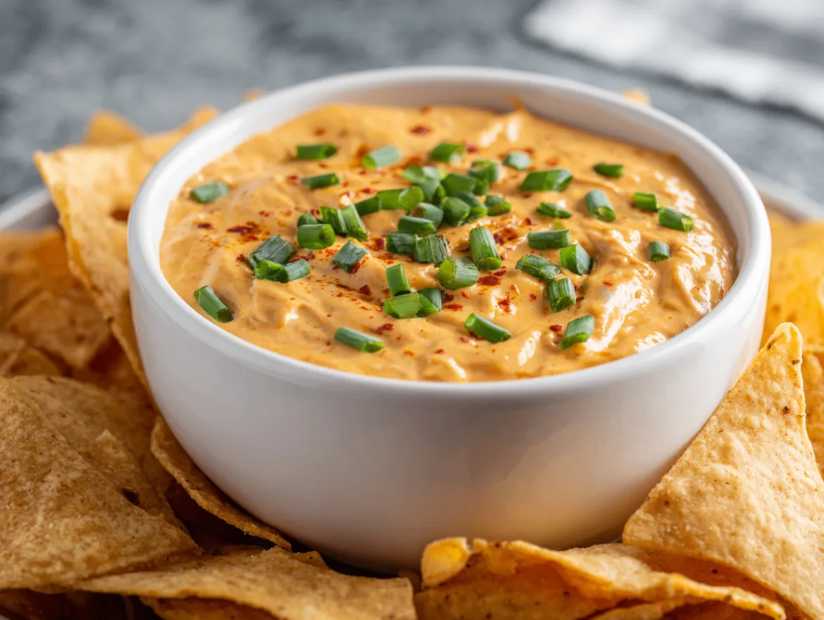 Chili cheese dip in white bowl with tortilla chips around the edges