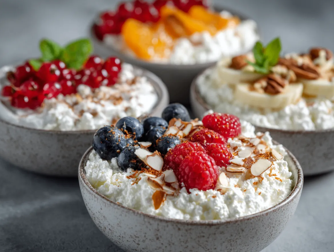 Cottage cheese recipes - sweet and savory breakfast bowls with toppings