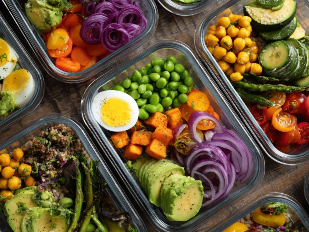 Easy healthy lunch ideas - colorful meal prep containers with nutritious foods