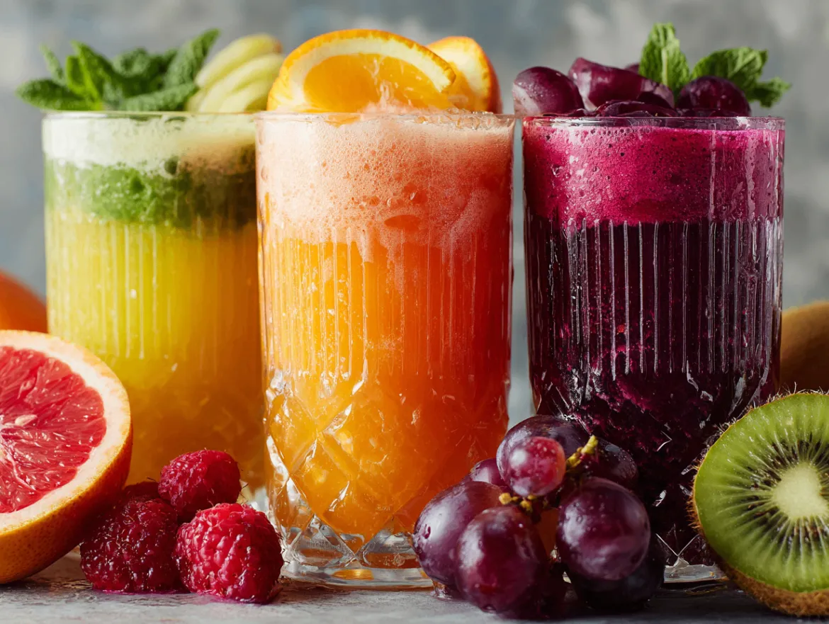 Fresh juice - homemade healthy juice recipes in colorful glasses