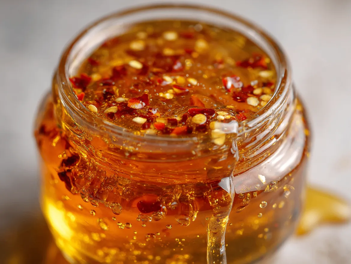 Hot honey recipe - homemade spicy honey drizzle with red chili flakes
