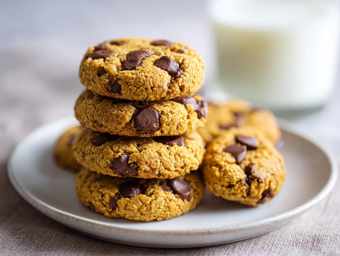 Protein cookies stacked on plate with glass of milk and workout equipment