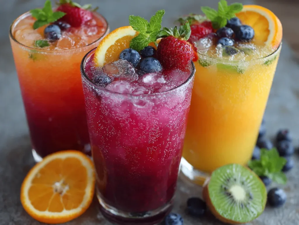 Best Summer Juice: 4 Amazing Flavors to Try 1 Summer juice in tall glasses with fresh fruit garnish on outdoor table