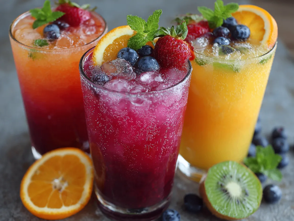 Summer juice in tall glasses with fresh fruit garnish on outdoor table