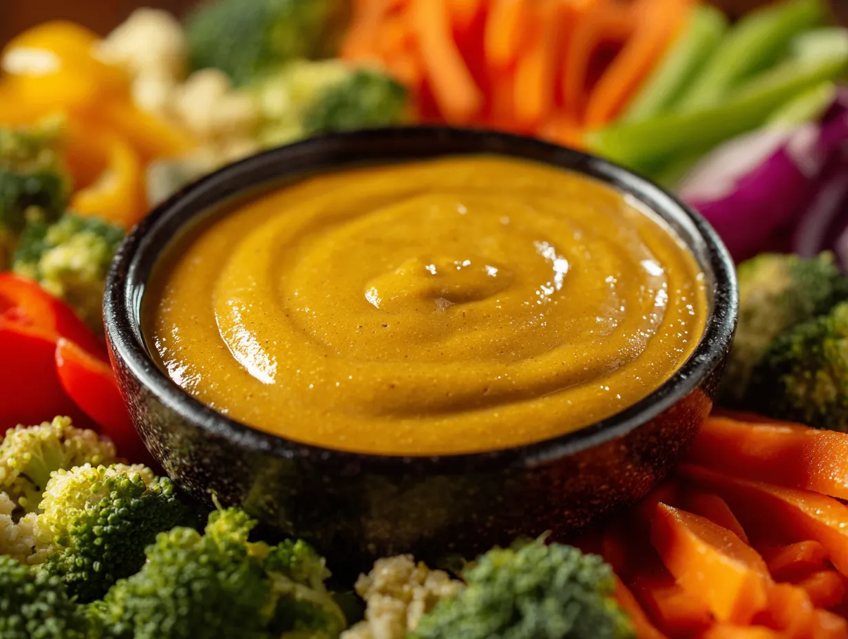 Yumm sauce in bowl with fresh vegetables and grains arranged around it