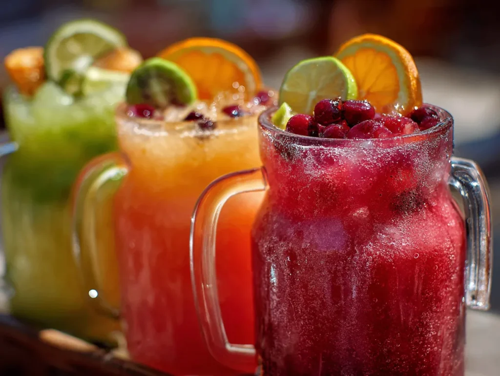 Large glass pitcher filled with vibrant red or purple fruit drink showing natural color variations, garnished with fresh fruit slices and ice cubes, alongside colorful plastic cups reminiscent of summer camp, with fresh berries scattered around the base.