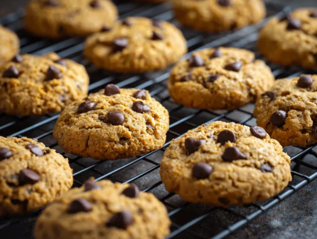 Golden-brown protein cookies with slightly chewy texture showing visible mix-ins like chocolate chips or nuts, arranged on a cooling rack with a glass of milk nearby, displaying perfect cookie shape and appealing rustic appearance.