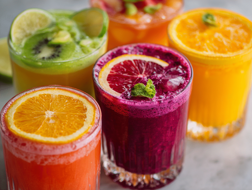 Fresh Juice: 8 Essential Recipes You Need Now 1 Clear glass filled with vibrant, freshly pressed juice showing natural pulp and color gradients, garnished with a citrus wheel and fresh mint sprig, with colorful fresh fruits and vegetables visible in the background alongside a juicer.