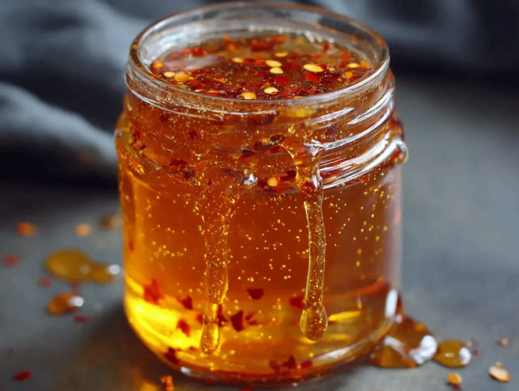 Hot Honey Recipe: How to Make the Ultimate Heat Kick 1 Clear mason jar of translucent golden honey with red chili flakes suspended throughout, lid slightly ajar showing honey's viscosity, with fresh and dried chilies arranged around the base and a small tasting spoon coated with the glistening amber liquid.