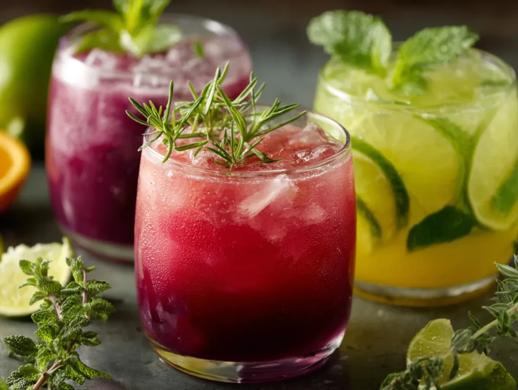Refreshing Juice Recipes: How To Create Perfect Blends 1 Clear glass filled with bright, multicolored fresh juice showing layered fruit pulp textures, garnished with mint leaves and a slice of citrus on the rim, with fresh ingredients visible in the background.