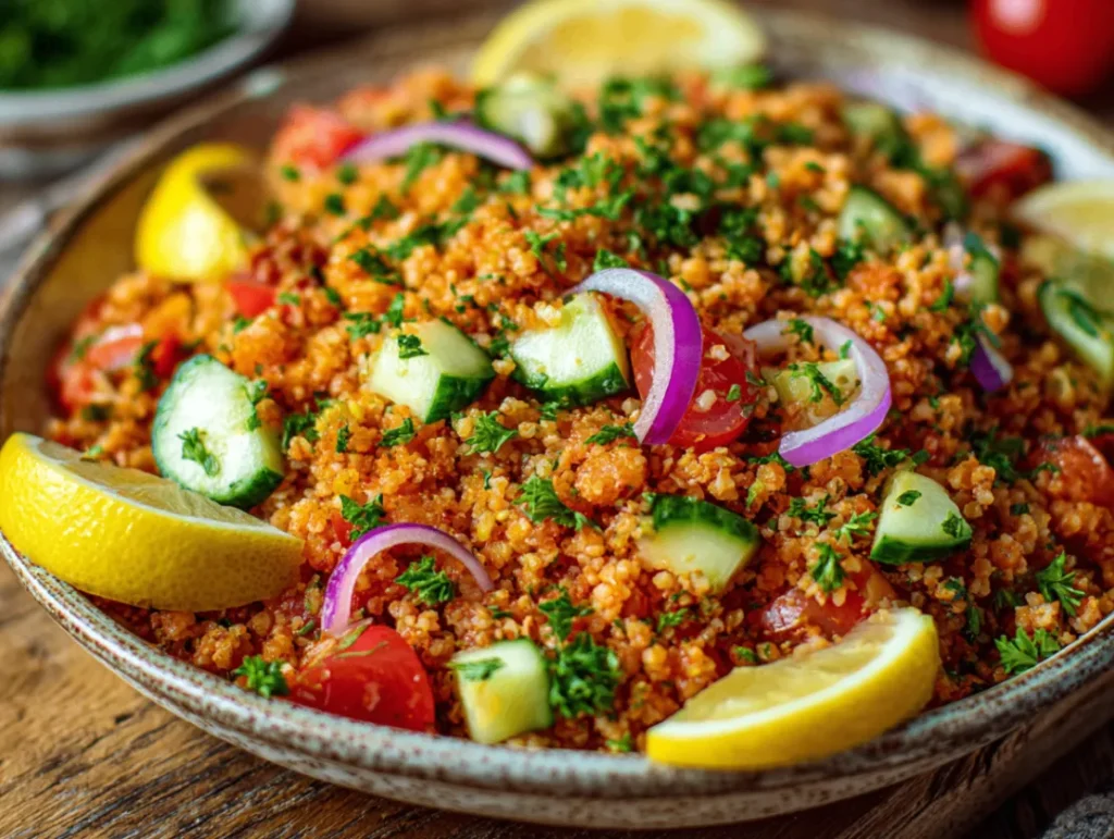 Turkish Bulgur Salad: 5 Easy Steps To Perfection 1 Colorful bowl of Turkish bulgur salad featuring fluffy, golden bulgur wheat mixed with diced red tomatoes, fresh green parsley, mint leaves, and red onion, dressed with olive oil and lemon, garnished with a sprinkle of sumac and served with lemon wedges.