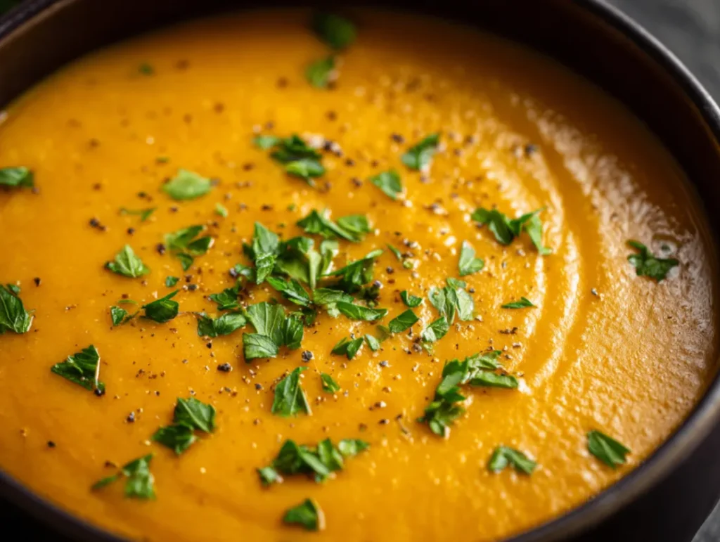 Creamy Pumpkin Lentil Soup: 5 Simple Ingredients 1 Warm bowl of creamy orange pumpkin lentil soup with visible red lentils throughout, garnished with a swirl of cream, toasted pumpkin seeds, and fresh herbs, steam rising gently from the rich, velvety texture, served with crusty bread on the side.