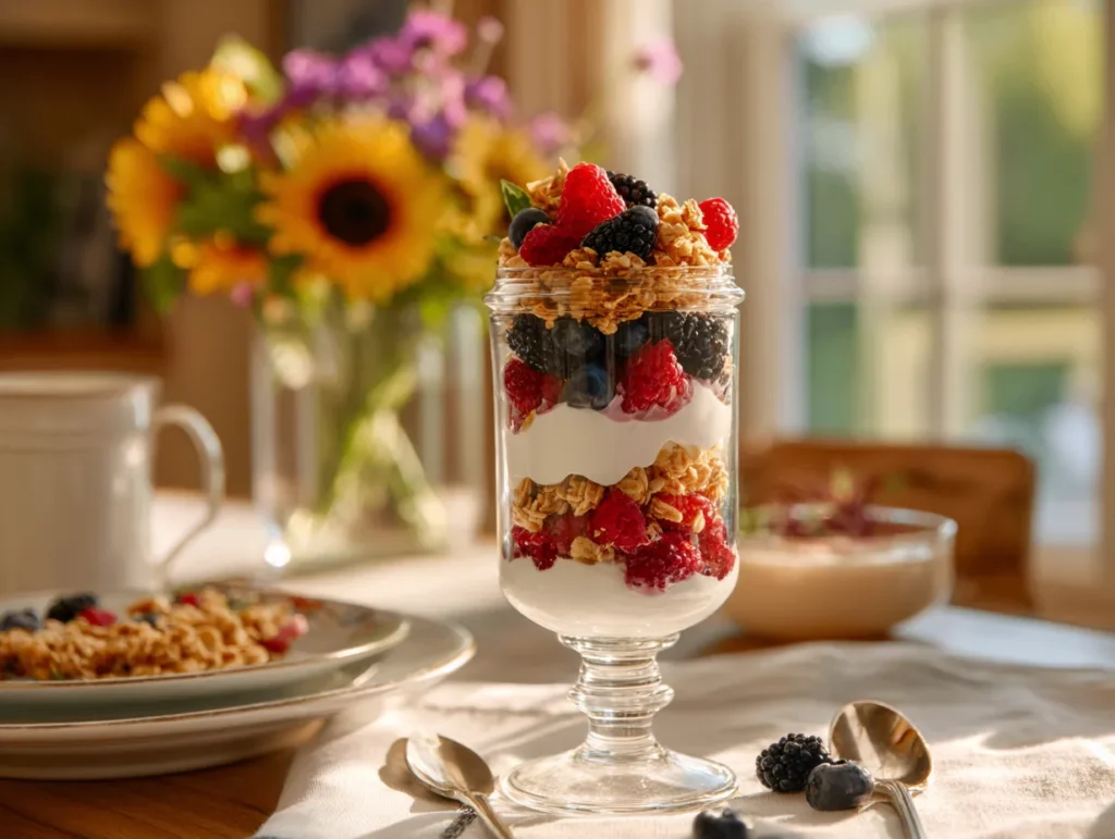 Greek Yogurt Parfait: 5 Amazing Breakfast Layers 3 Finished Greek yogurt parfait served and ready to enjoy